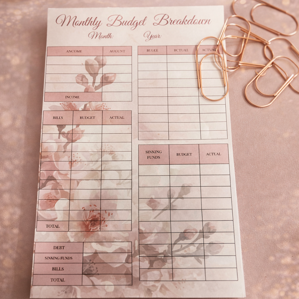 Floral-themed monthly budget breakdown sheet on a decorative surface with candles and paper clips.