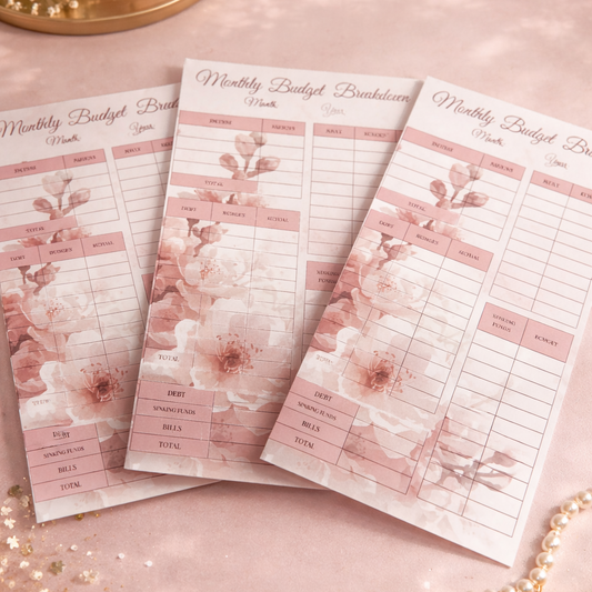 Three floral-themed budget planners on a pink surface with decorative items.