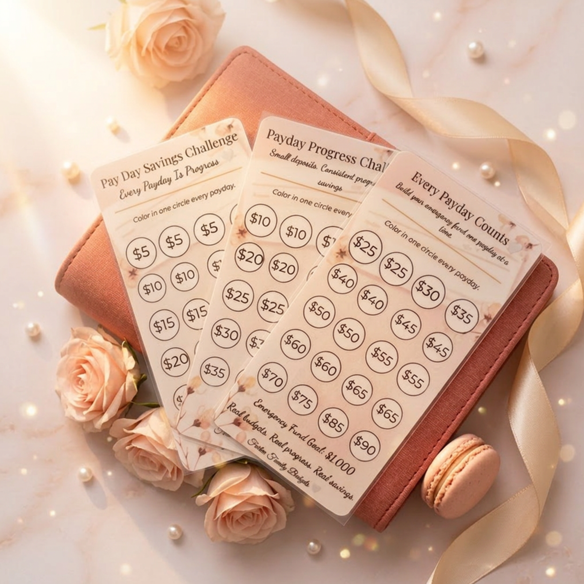 Payday savings challenge cards with a pink wallet and roses on a soft background