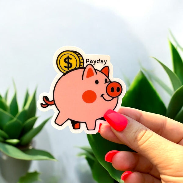 Adorable Piggybank Payday Custom Sticker featuring a cute piggy bank design and playful lettering, perfect for adding a fun touch to planners, budgeting journals, or savings trackers.