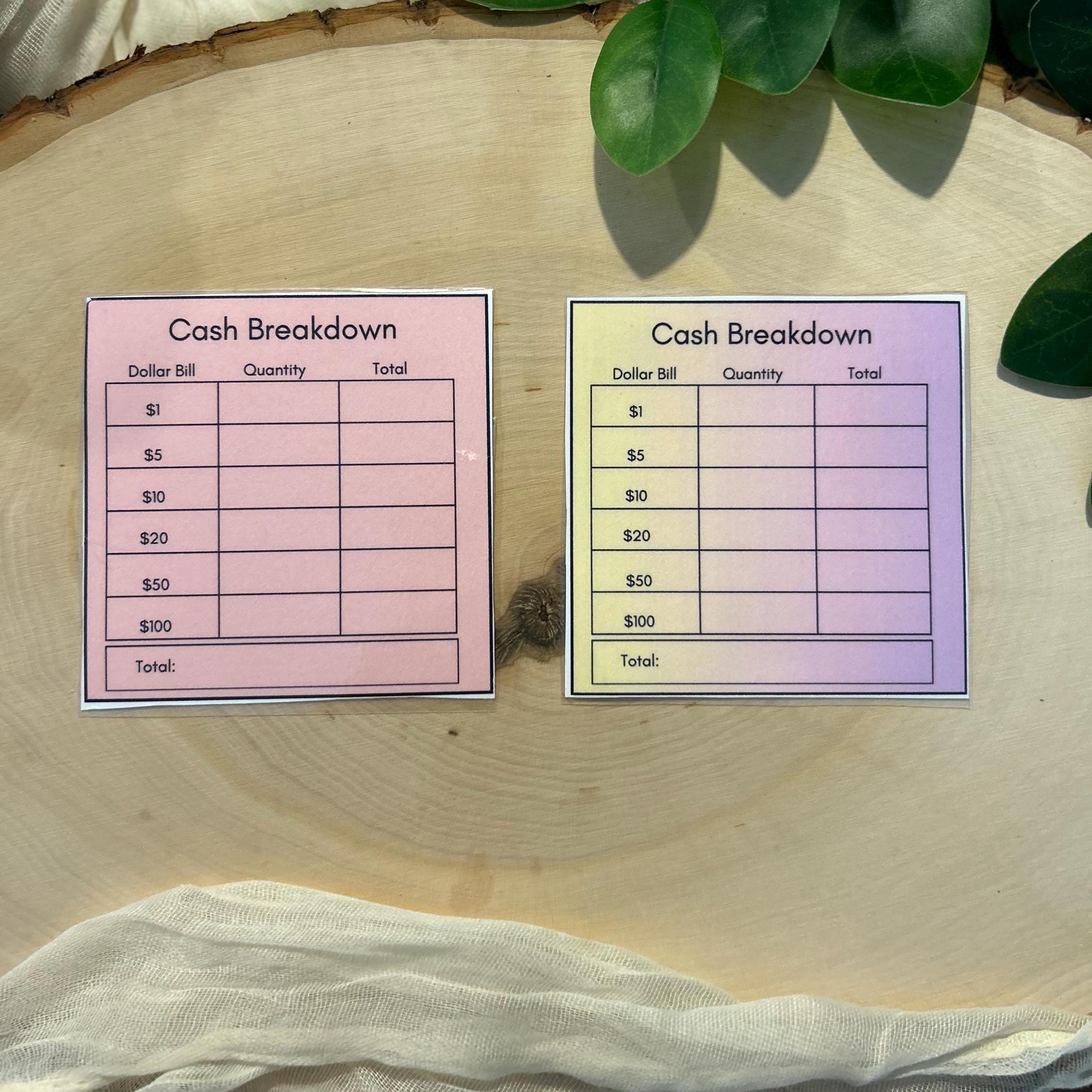 Laminated cash breakdown bank slip cards featuring clear, organized sections for tracking and categorizing cash denominations, perfect for budgeting and managing cash envelopes with durability and ease.