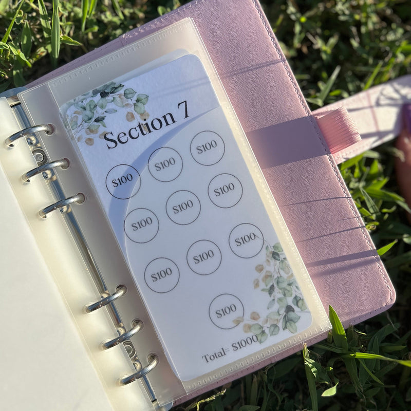 Pink planner with money section on grass