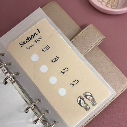 Planner with money-saving section and flip flops  on a pink surface