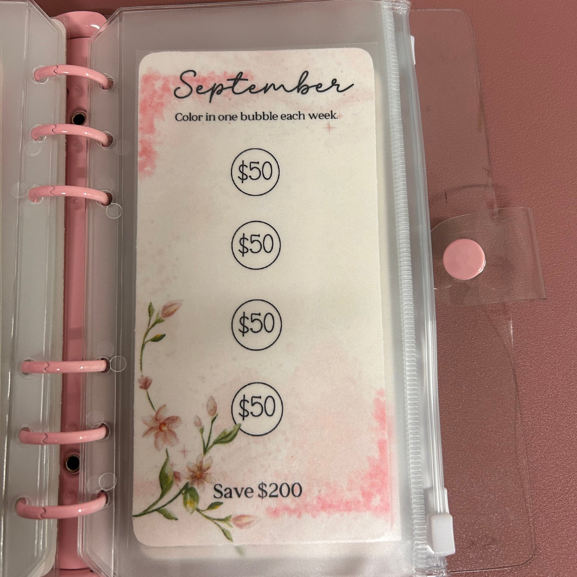 Clear organizer with pink clips holding a card labeled 'September' and financial amounts.