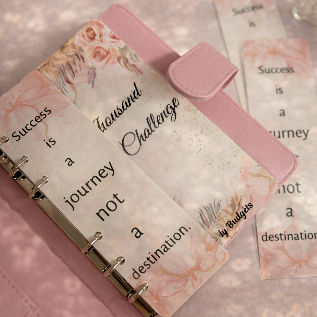 Pink planner with motivational quote on a glittery background