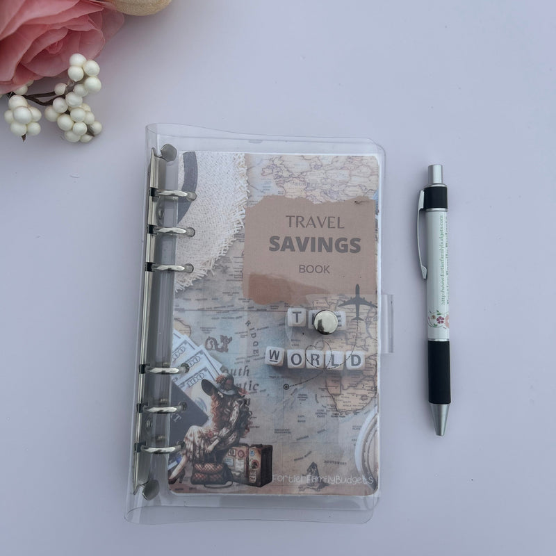 Travel savings book with decorative elements on a light gray background