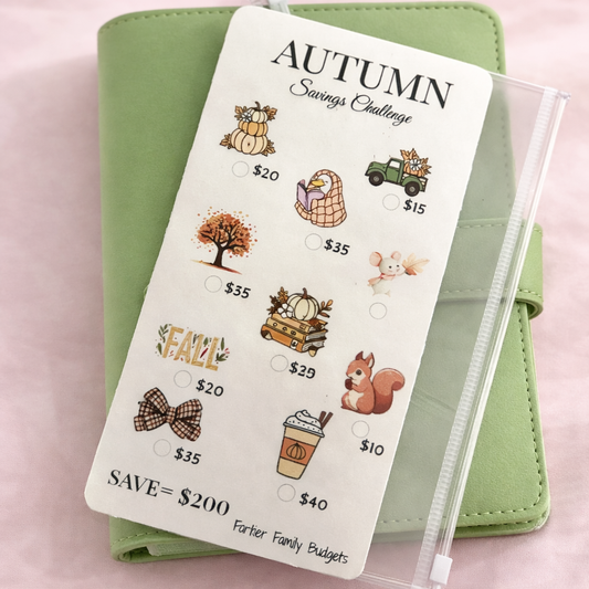 Autumn-themed savings challenge card on a green planner with pink background