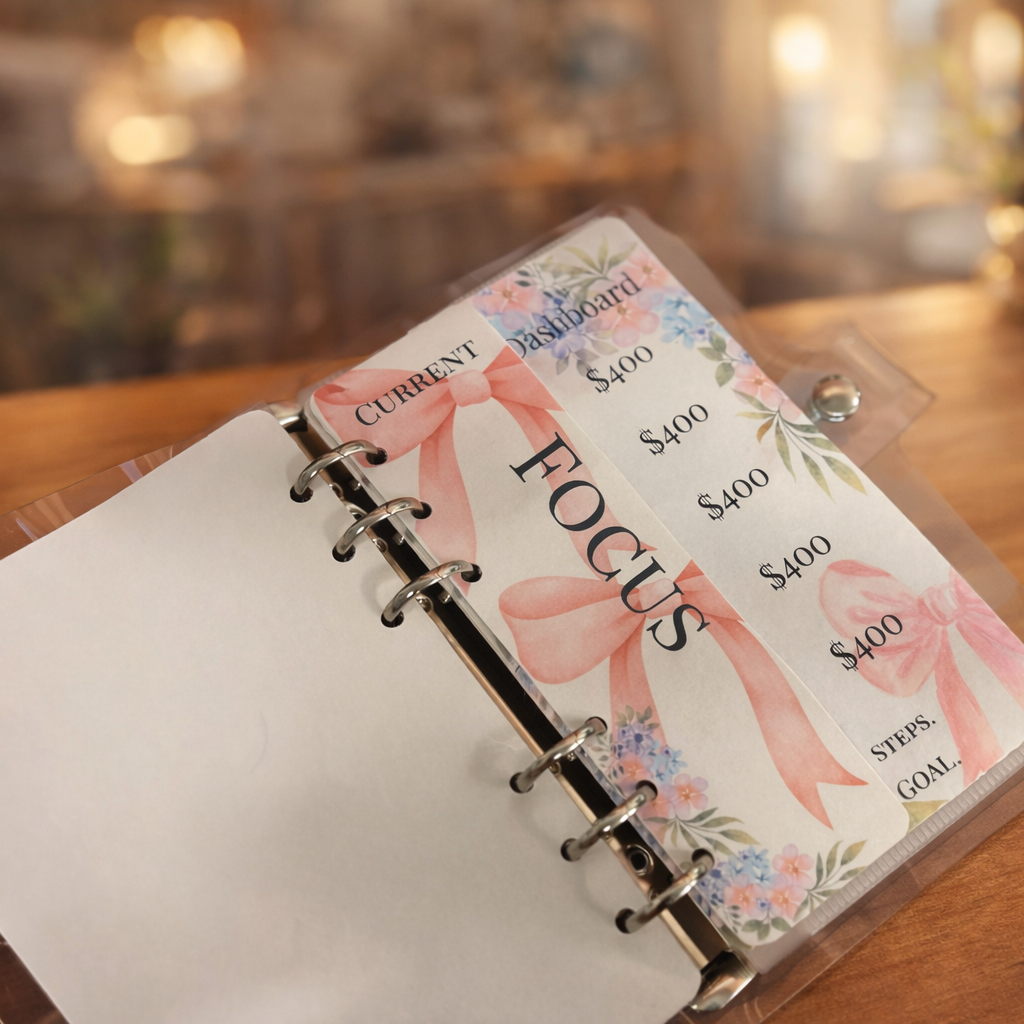 Open planner with floral design on a wooden table