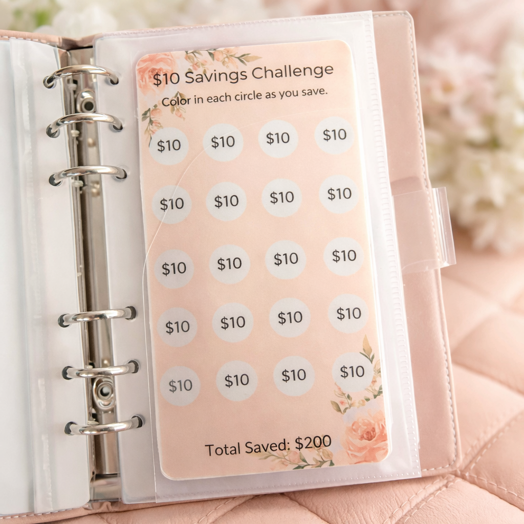 Savings challenge stickers in a planner with floral design