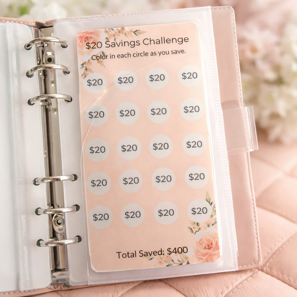 Savings challenge tracker in a planner with floral design