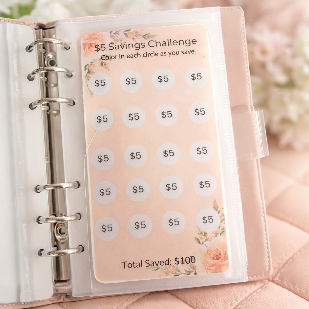 Savings challenge tracker in a planner with floral design