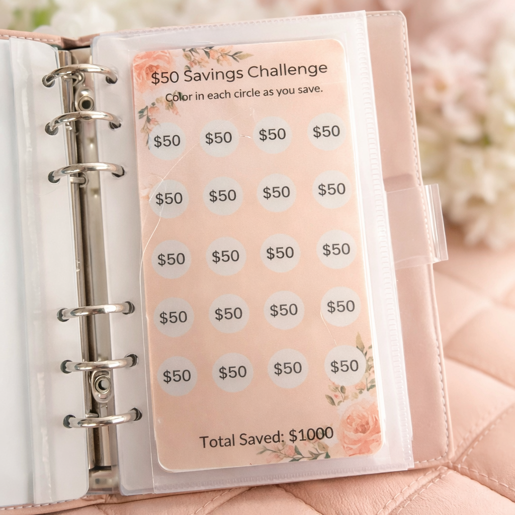 Savings challenge tracker with $50 labels inside a planner on a pink surface.