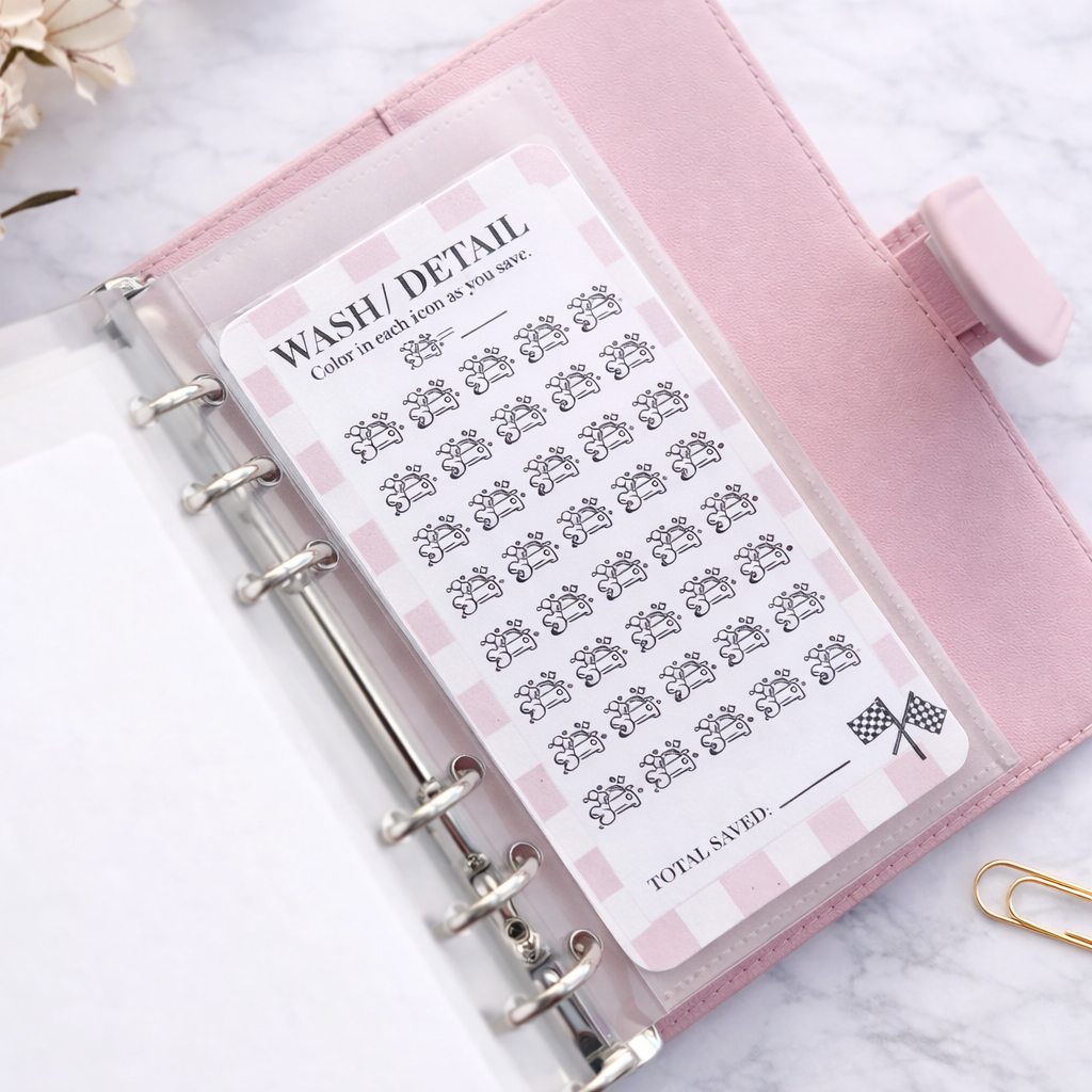 Sheet of nail art stickers with a pink planner or organizer in the background