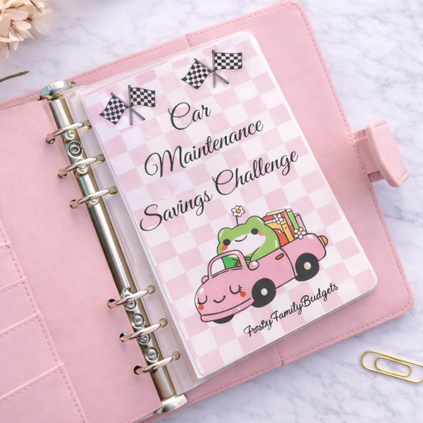 Pink planner with a car maintenance savings challenge design on a light background