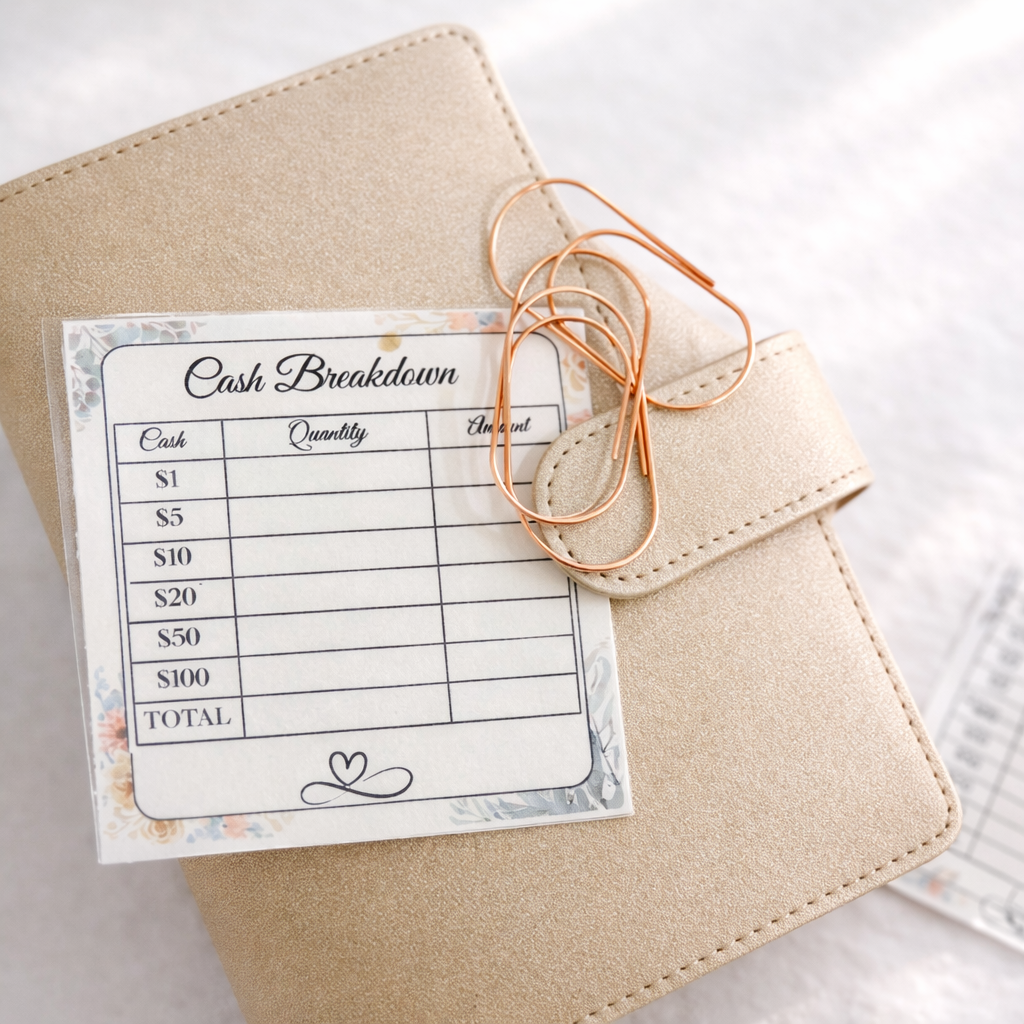 Cash breakdown sheet on a beige card with a string of coins.