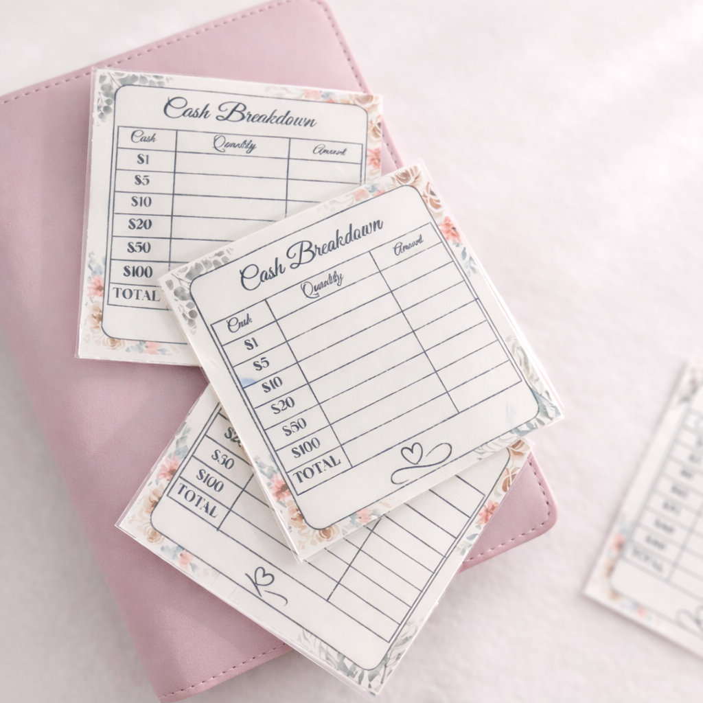 Set of cash breakdown cards with floral design on a pink surface