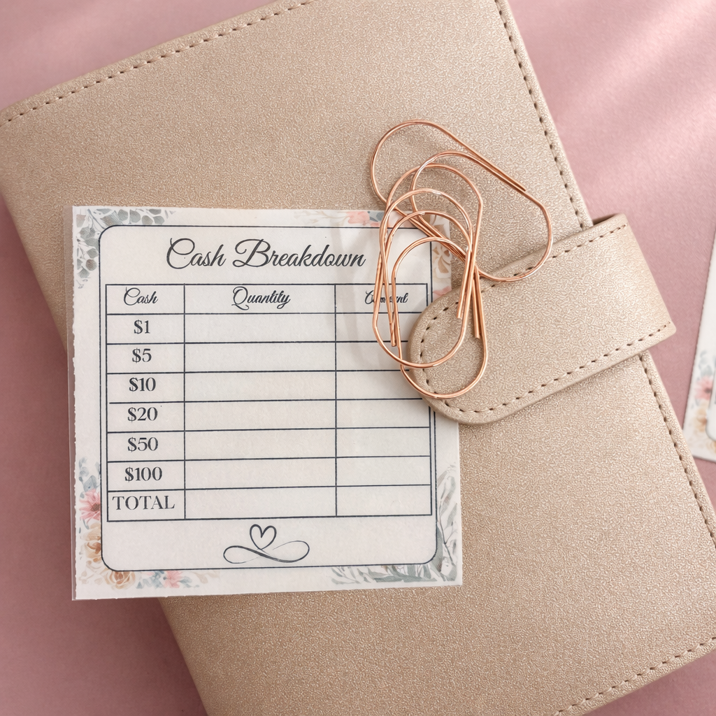 Cash breakdown sheet on a beige planner with rose gold accents