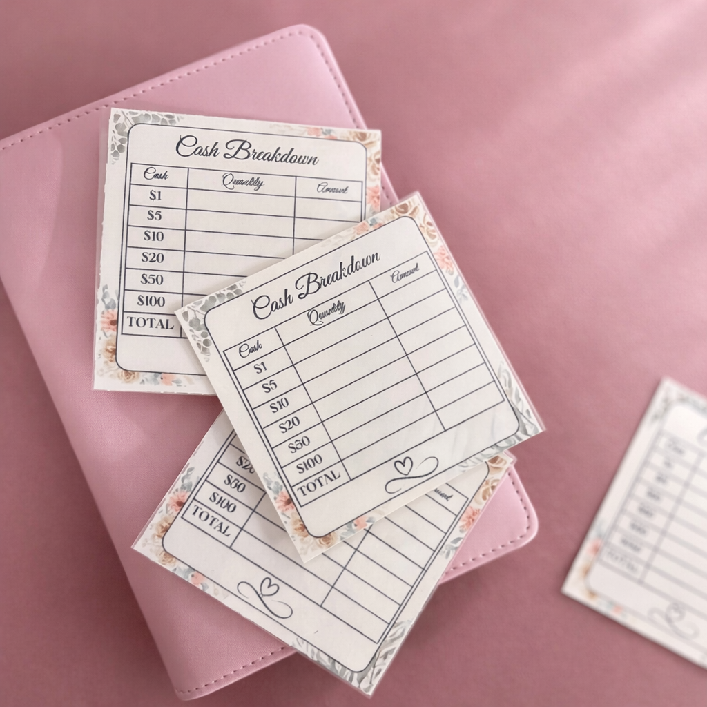 Cash breakdown sheets on a pink surface