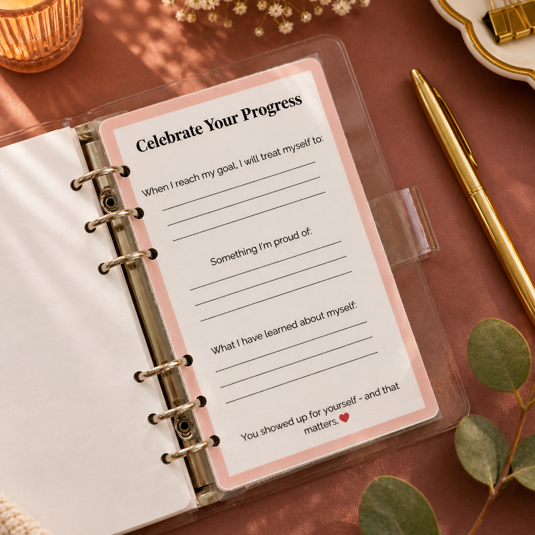 Planner with a card titled 'Celebrate Your Progress' on a desk with a candle and flowers.