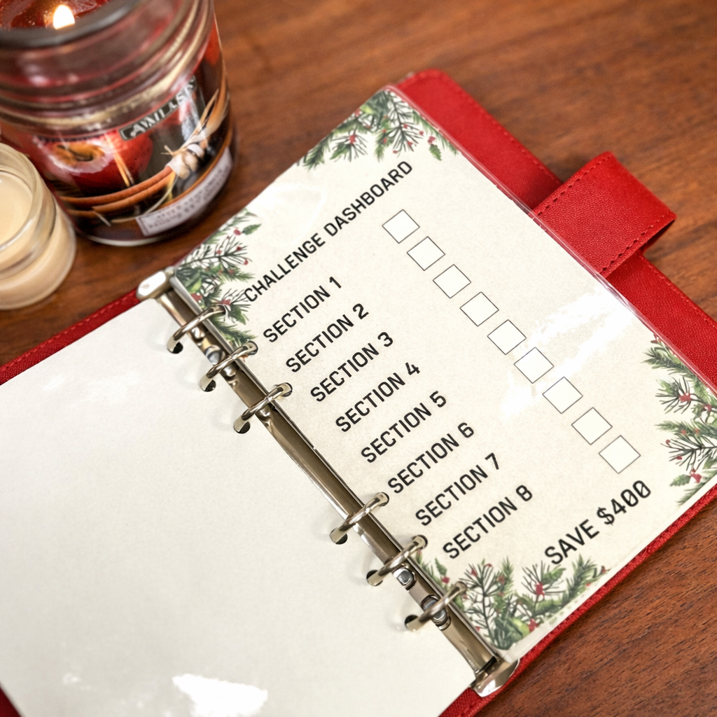 Planner with Christmas design on a wooden surface next to a candle