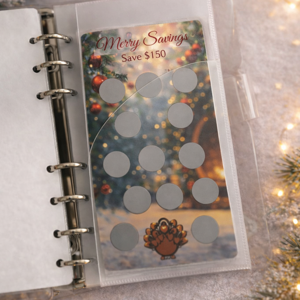 Holiday-themed savings tracker in a planner with festive decorations.