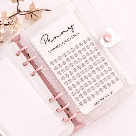 Penny Savings Challenge tracker with pink bands on a white background