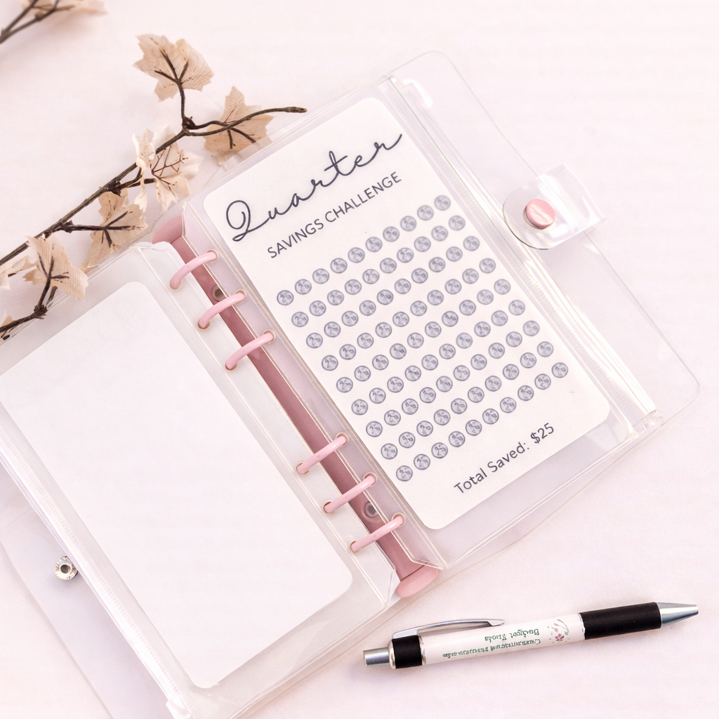 Savings challenge tracker with pink branches and pen on a white background