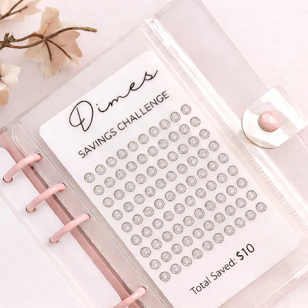 Savings challenge tracker with decorative elements on a pink surface