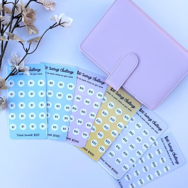 Set of savings challenge stickers with a pink organizer on a light blue background.