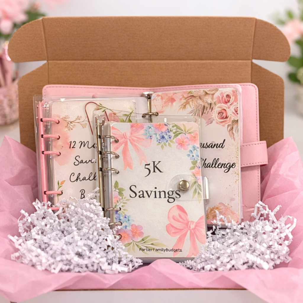 Floral-themed savings planner with pink cover in a decorative box.
