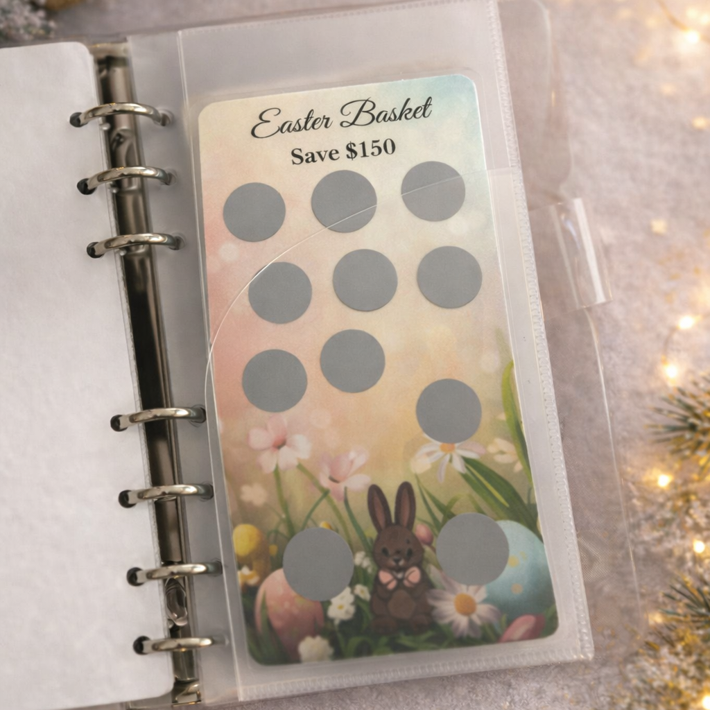 Easter-themed savings tracker in a planner with decorative lights and greenery.