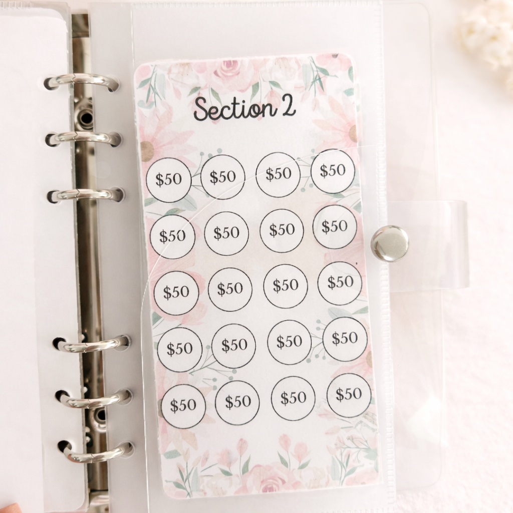 Planner stickers with dollar amount symbols on a floral-themed label in a planner.