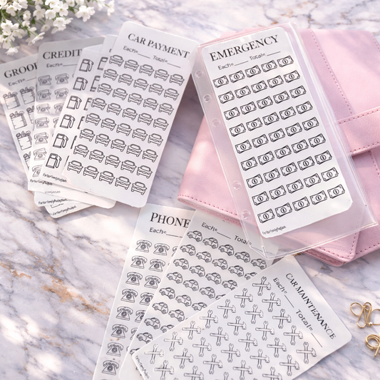 Set of planner stickers with various categories on a marble surface.