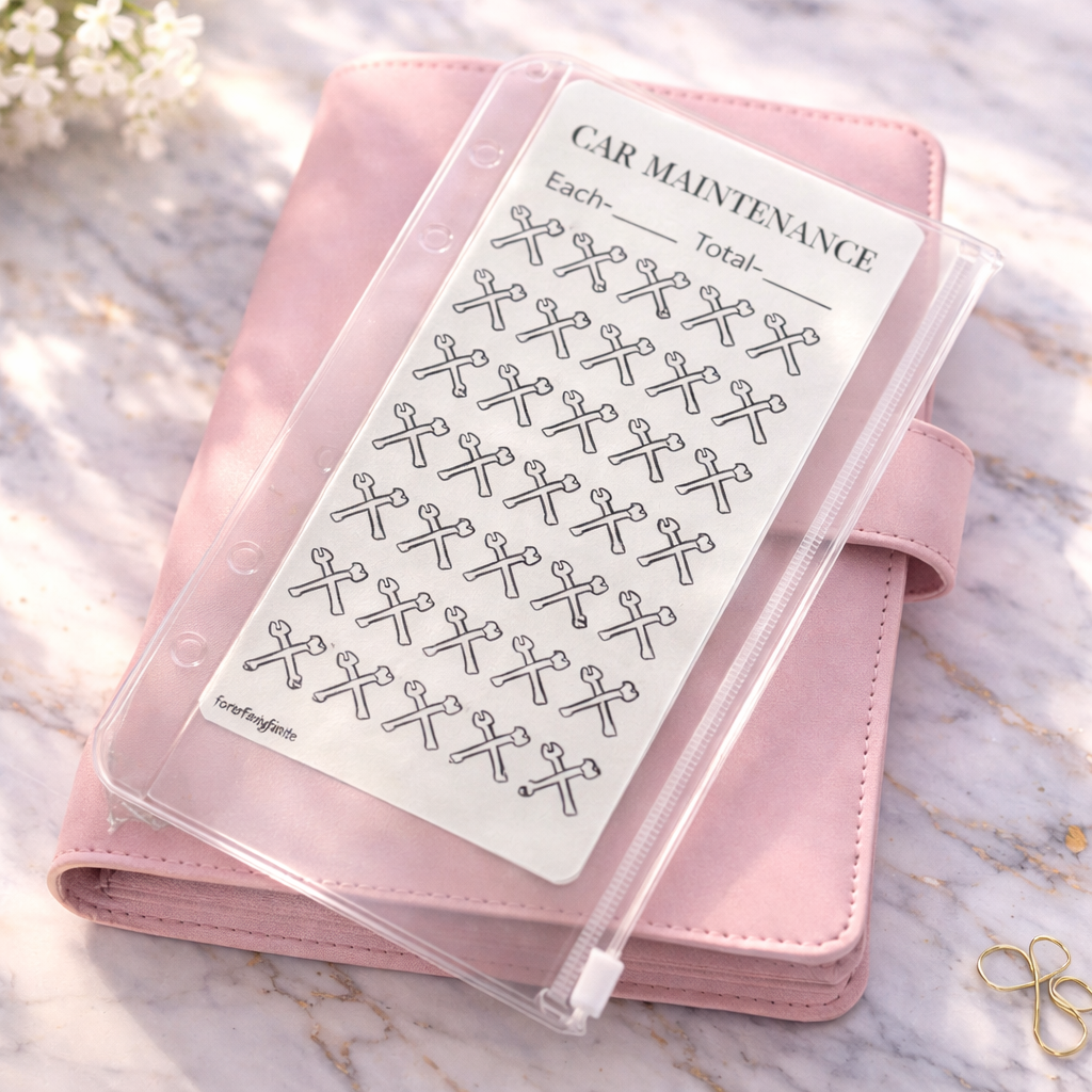Pink planner with a car maintenance checklist on a marble surface