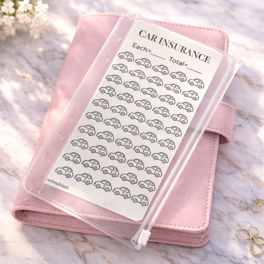 Pink planner with car insurance stickers on a marble surface