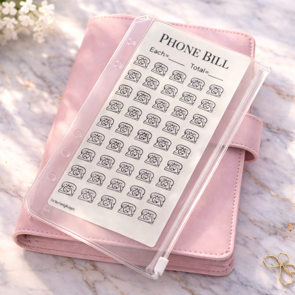 Pink planner with phone bill sheet on a marble surface