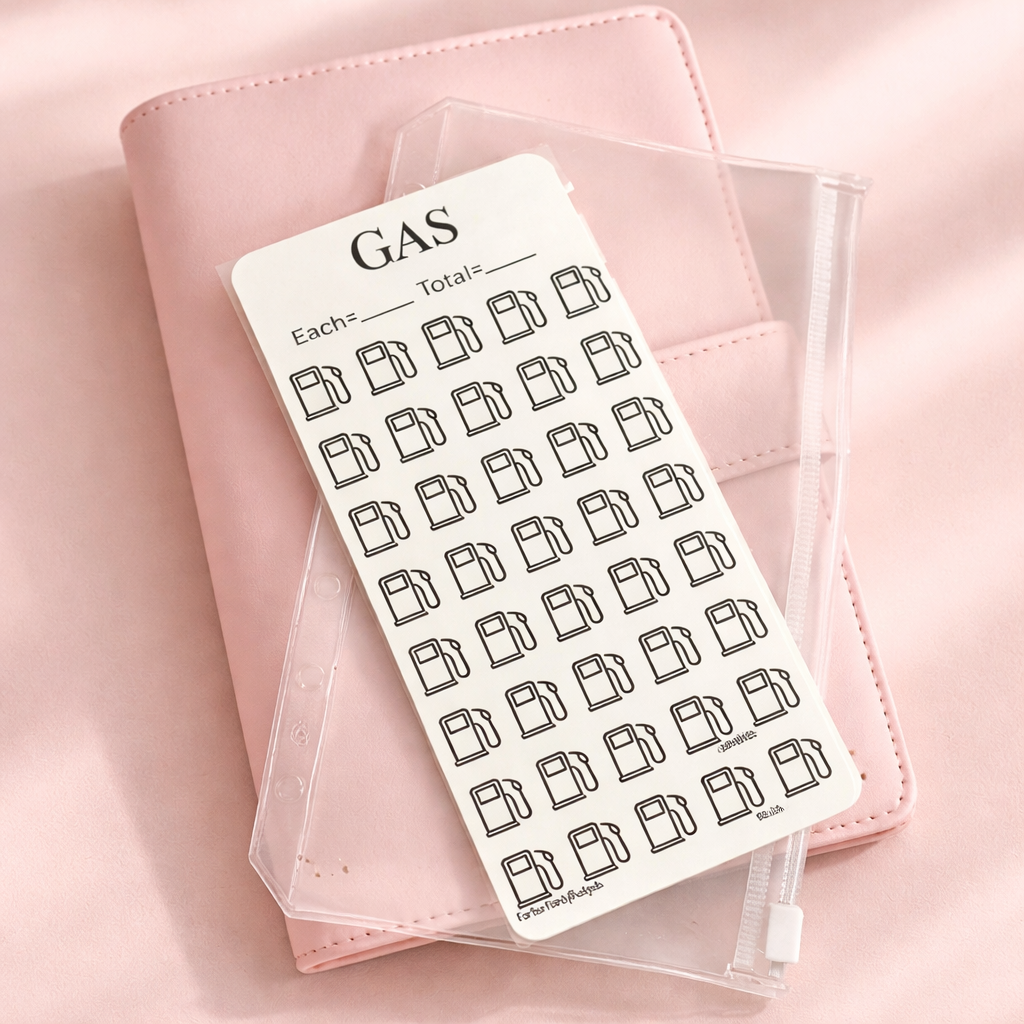 Sheet of gas icon planner stickers on a pink surface