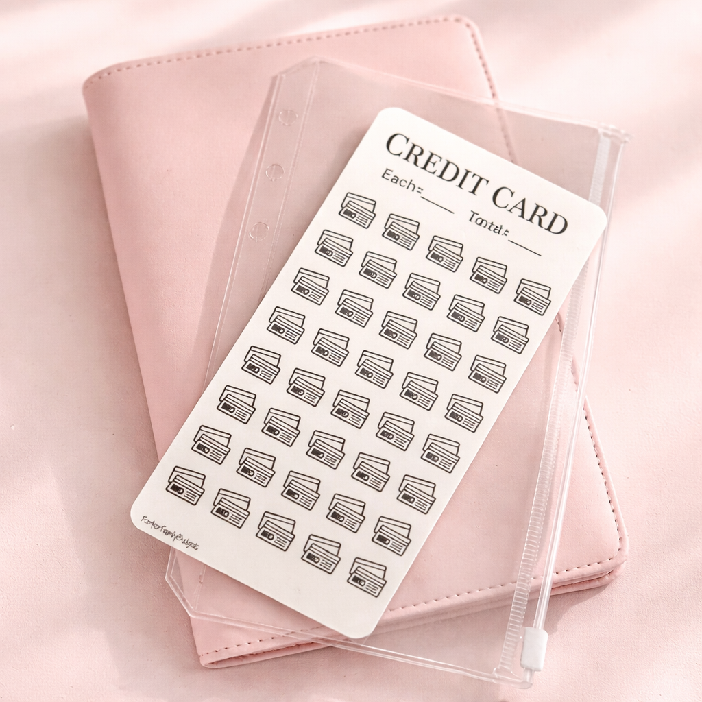 Sheet of credit card icon stickers on a pink surface with a pink notebook.