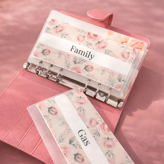 Pink planner with floral design and labeled sections on a pink background
