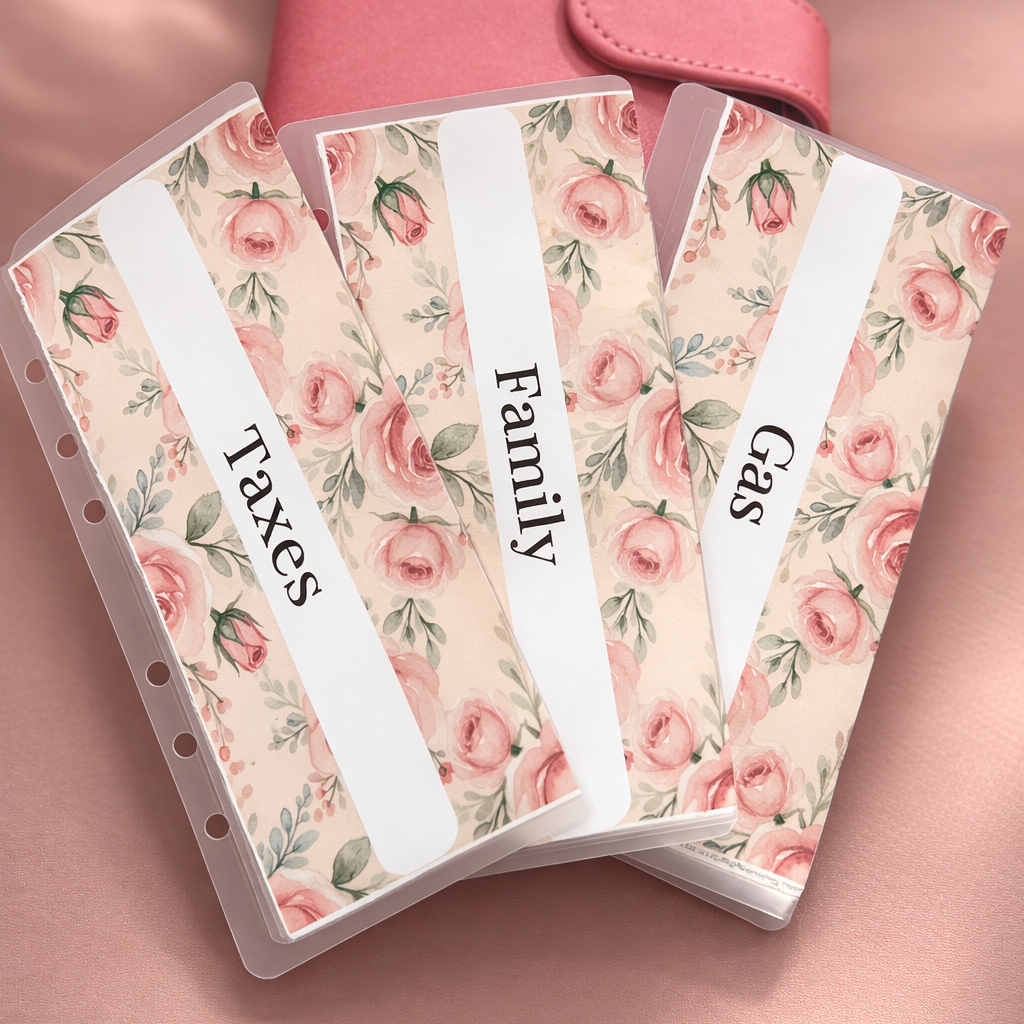 Floral labeled planner sleeves on a pink background