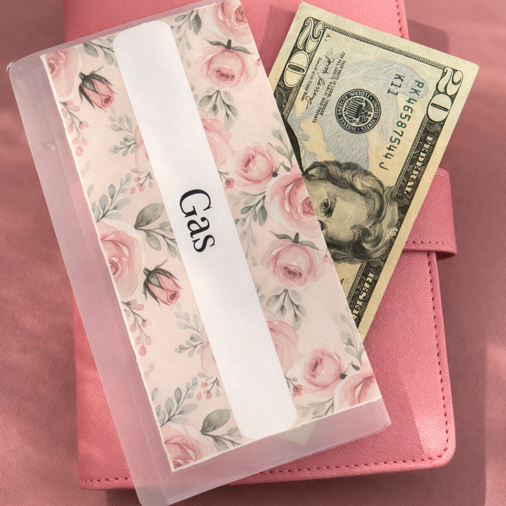 Floral notebook with a gas station receipt and a $20 bill on a pink background