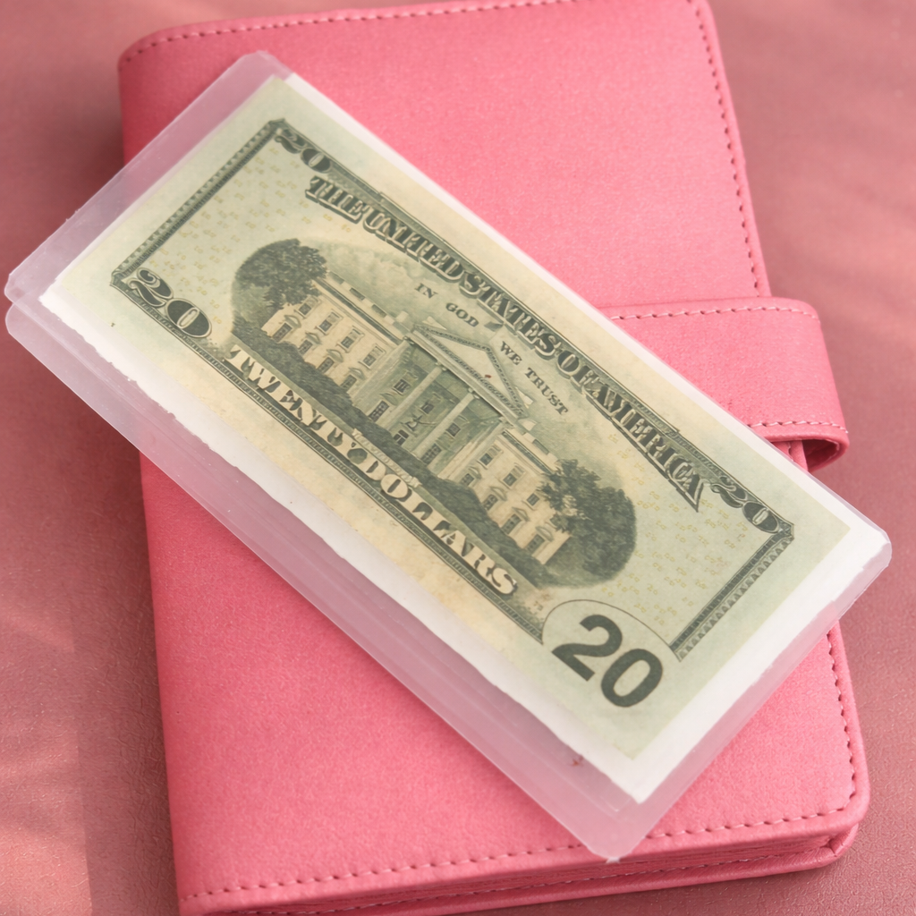Pink wallet with a $20 bill on a pink background