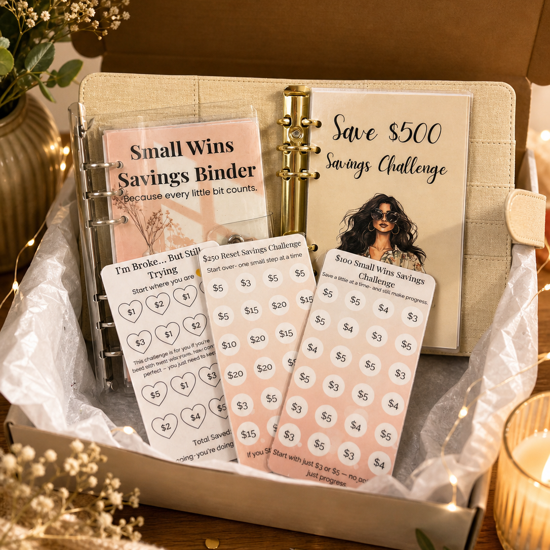 Savings binder set with stickers and challenge cards in a decorative box.