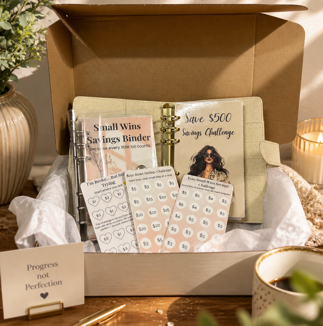 Box containing savings binders and planners with decorative items on a wooden surface.