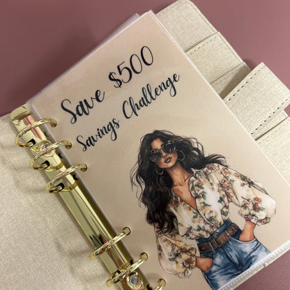 Beige planner with gold binding and illustration of a woman on a pink background