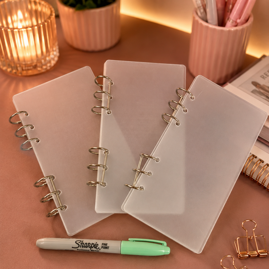 Three clear notebooks on a desk with a Sharpie marker and decorative items.