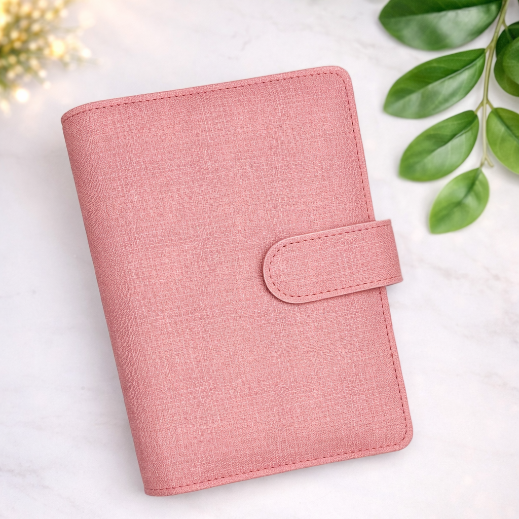 Pink planner on a white surface with green leaves and lights in the background