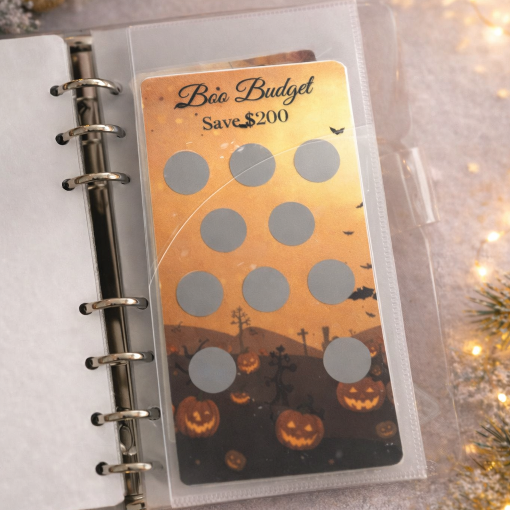 Halloween-themed savings tracker in a planner with festive lights and decorations.