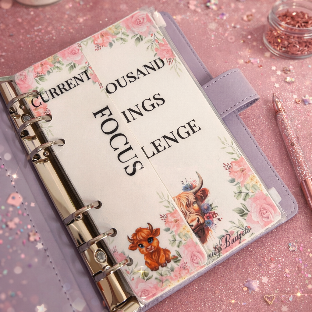 Decorative planner with floral design and text on a pink surface with candles and flowers.