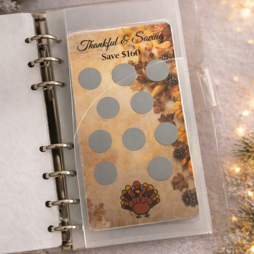 Savings tracker with Thanksgiving design in a planner against a festive background